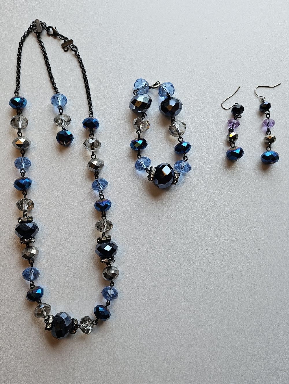 Blue and Gray Faceted Bead Necklace, Earring, and Bracelet Set